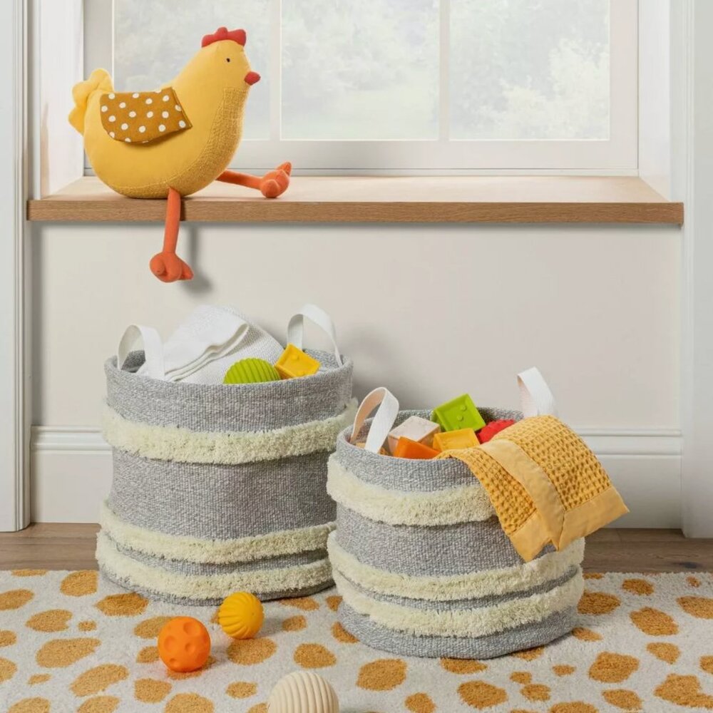 Tufted Canvas Round Storage Bins by Cloud Island Gray/Cream Large Set of 2